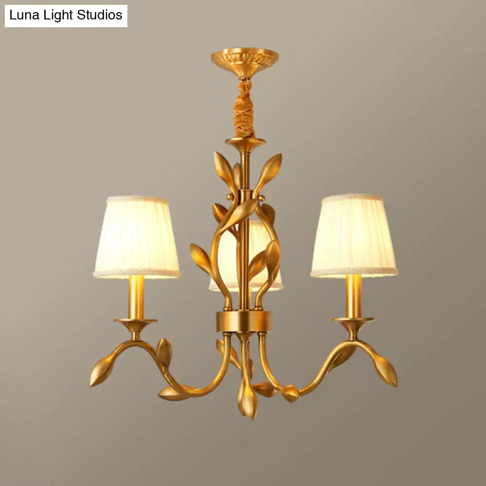 Wheat Chandelier Lighting: Farmhouse Gold Pendant With Conical Fabric Shade - 3-Head Metallic