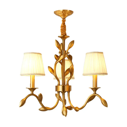 Wheat Chandelier Lighting: Farmhouse Gold Pendant With Conical Fabric Shade - 3-Head Metallic