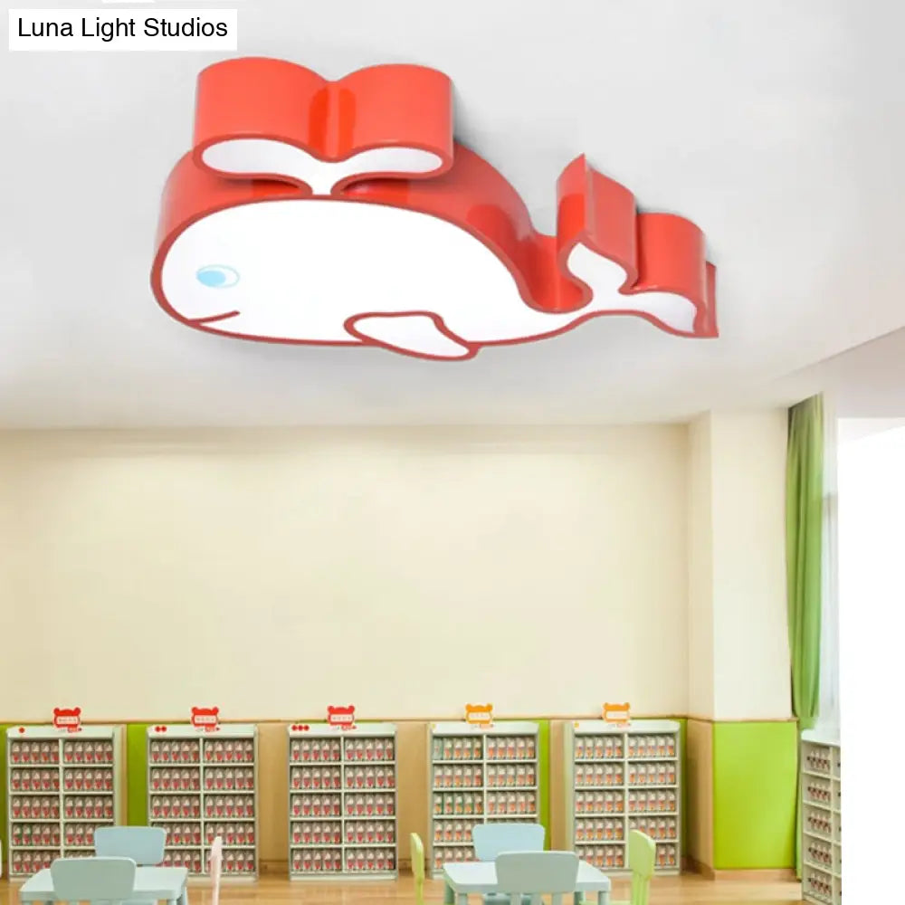 Whimsical Baby Whale Led Flush Mount Light For Kindergarten - Cartoon Acrylic Ceiling Lamp Red /