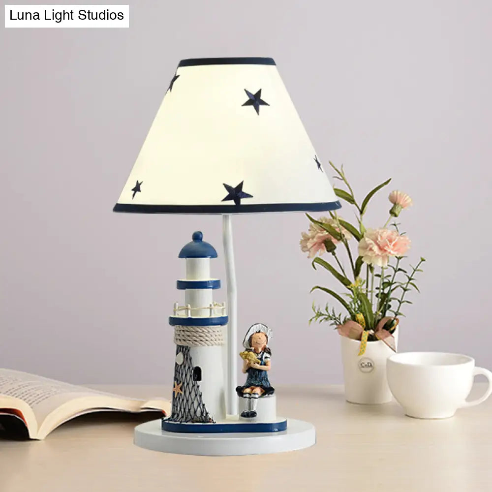 Whimsical Lighthouse Table Lamp - Boy/Girl Cartoon Resin Night Stand Light (White/Blue 1 Light)