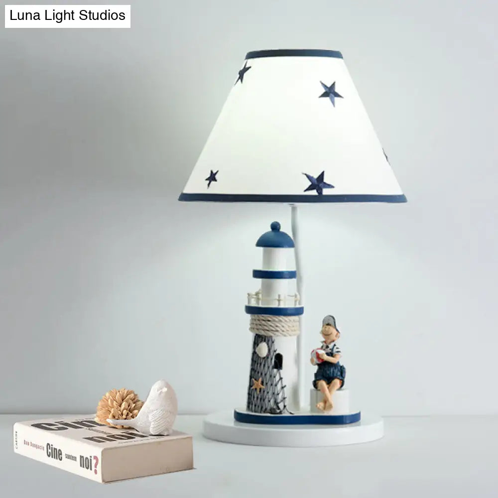 Whimsical Lighthouse Table Lamp - Boy/Girl Cartoon Resin Night Stand Light (White/Blue 1 Light)