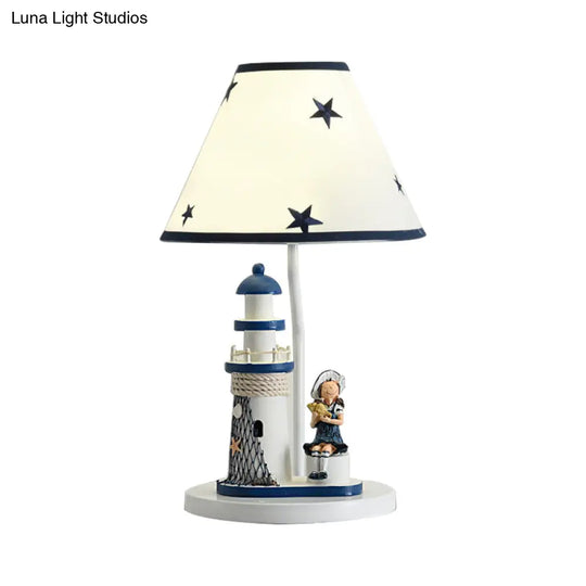 Whimsical Lighthouse Table Lamp - Boy/Girl Cartoon Resin Night Stand Light (White/Blue 1 Light)