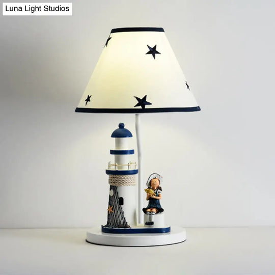 Whimsical Lighthouse Table Lamp - Boy/Girl Cartoon Resin Night Stand Light (White/Blue 1 Light)