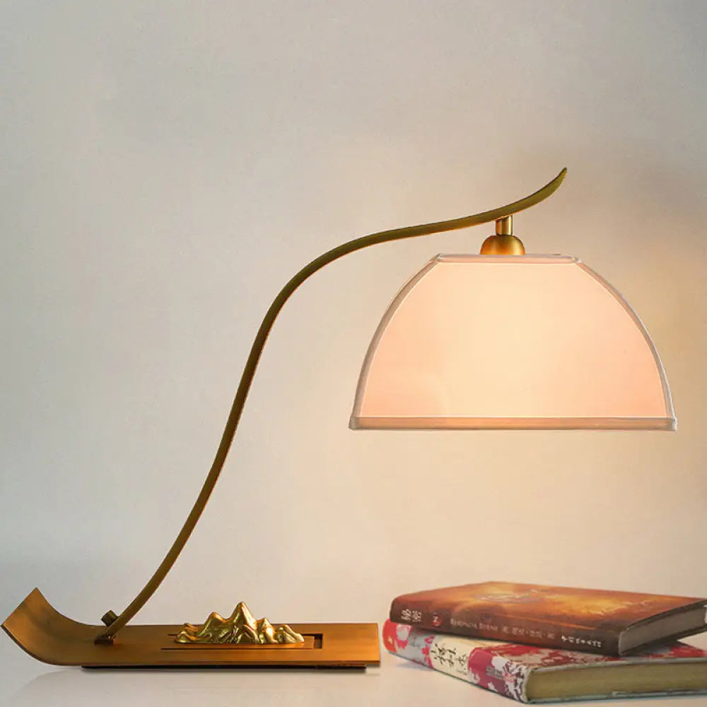 White 1-Head Night Table Lamp With Brass Cane Arm - Tent Bedroom Reading Book Light