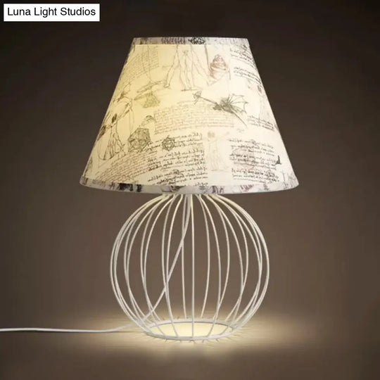 White 1-Light Desk Lamp With Traditional Fabric Shade And Wire Cage Base