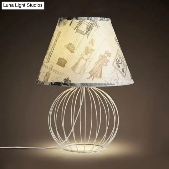 White 1-Light Desk Lamp With Traditional Fabric Shade And Wire Cage Base