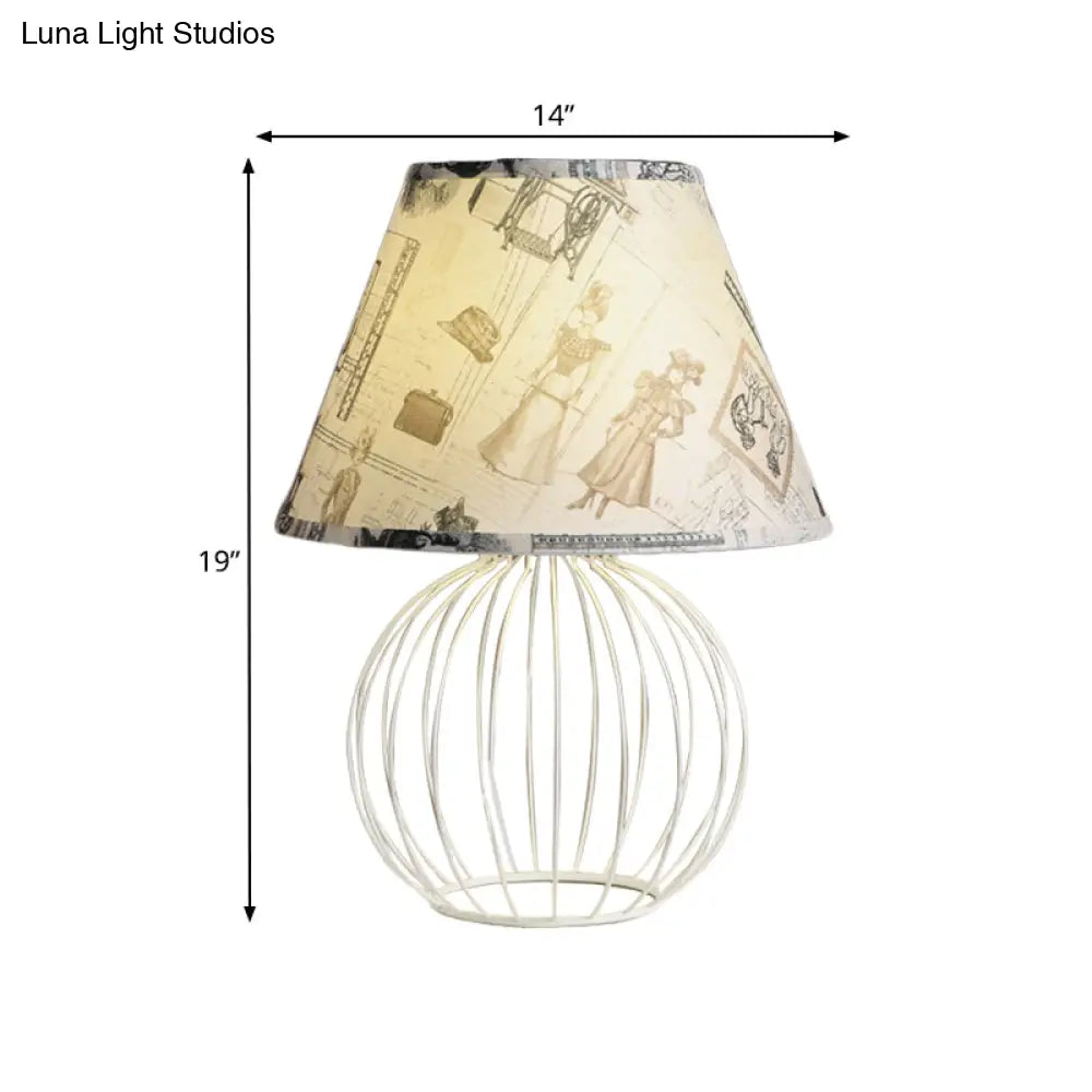 White 1-Light Desk Lamp With Traditional Fabric Shade And Wire Cage Base