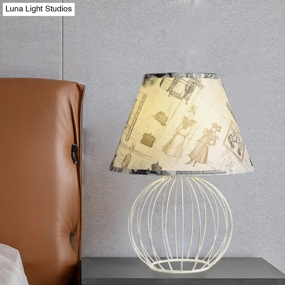 White 1-Light Desk Lamp With Traditional Fabric Shade And Wire Cage Base