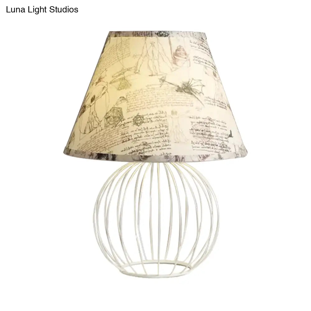 White 1-Light Desk Lamp With Traditional Fabric Shade And Wire Cage Base