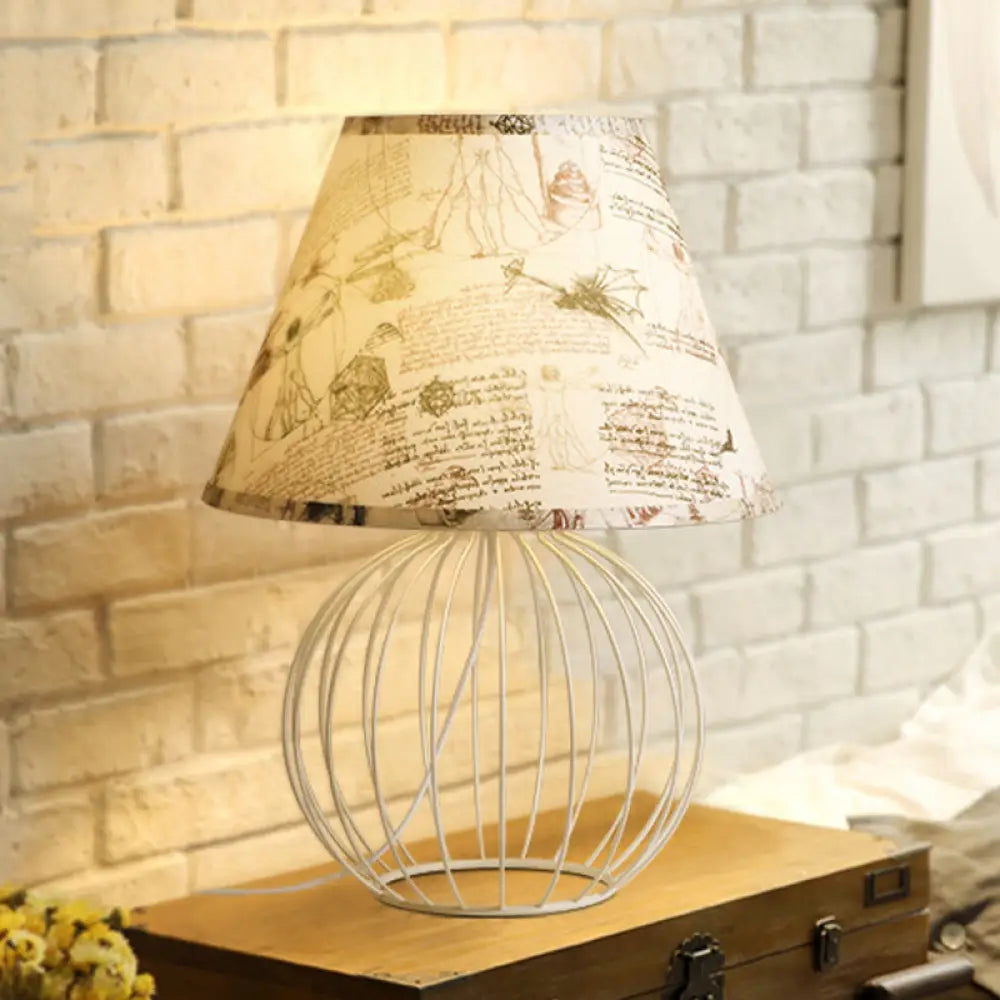 White 1-Light Desk Lamp With Traditional Fabric Shade And Wire Cage Base / C