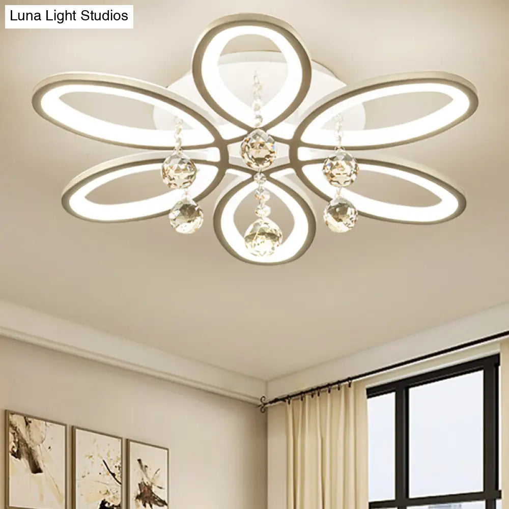 White Acrylic Floral Flush Mount Led Ceiling Light With Crystal Ball - Modernist Fixture For Bedroom
