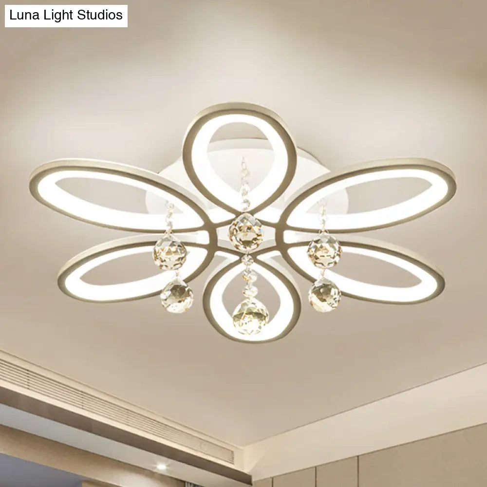 White Acrylic Floral Flush Mount Led Ceiling Light With Crystal Ball - Modernist Fixture For Bedroom