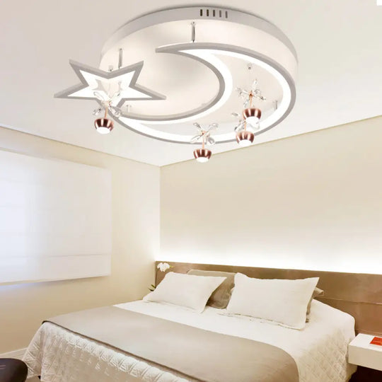 White Acrylic Moon Star Semi Flushmount Ceiling Light With Flower Crystal Accent - Modern Led Lamp