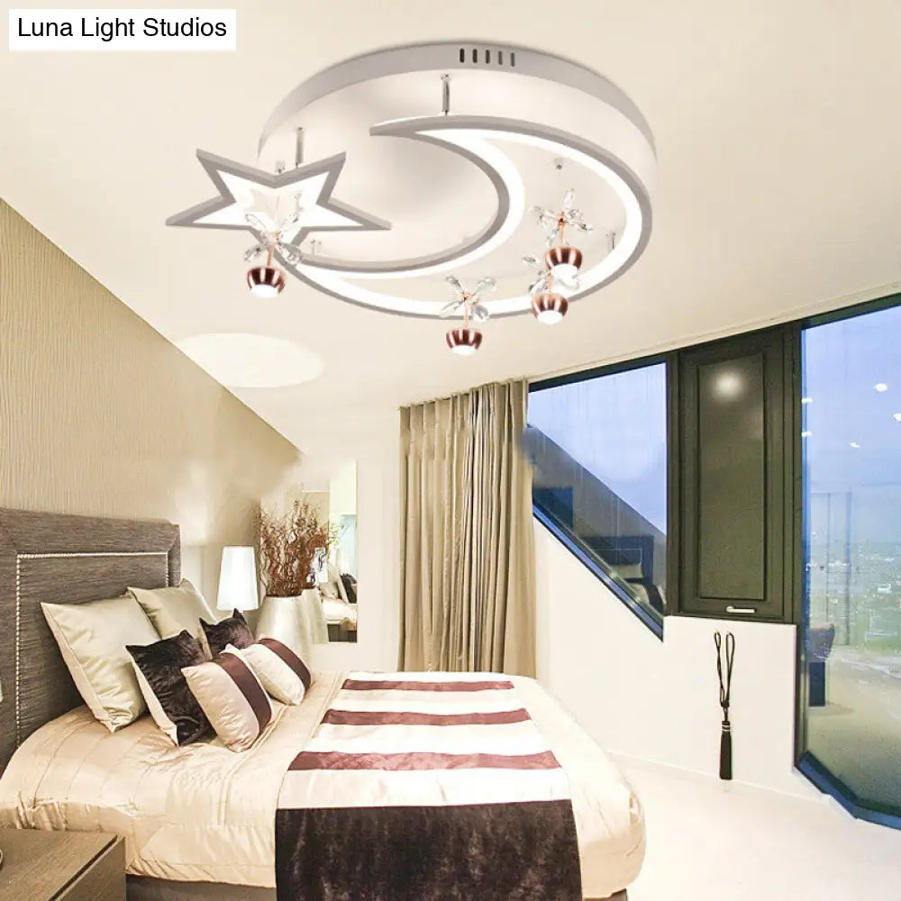 White Acrylic Moon Star Semi Flushmount Ceiling Light With Flower Crystal Accent - Modern Led Lamp