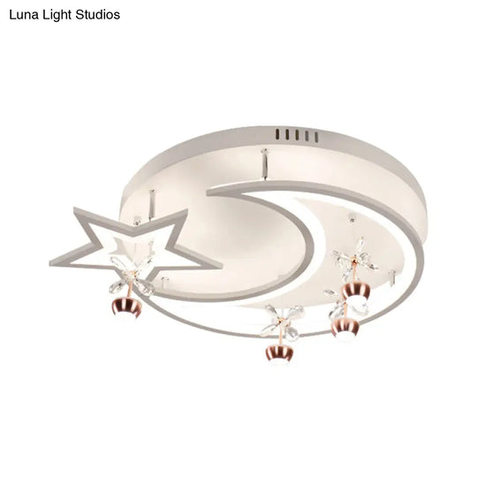 White Acrylic Moon Star Semi Flushmount Ceiling Light With Flower Crystal Accent - Modern Led Lamp