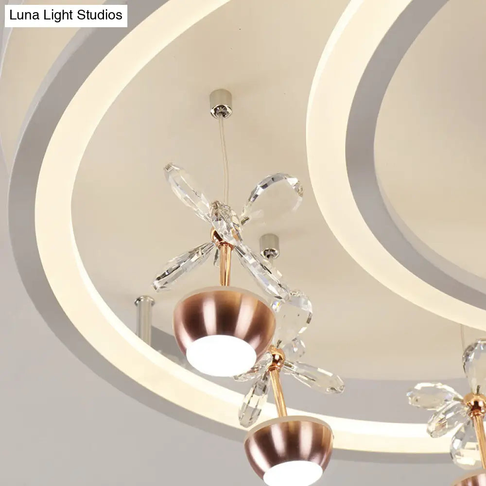 White Acrylic Moon Star Semi Flushmount Ceiling Light With Flower Crystal Accent - Modern Led Lamp