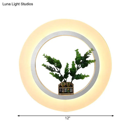 White Acrylic Ring Wall Lamp With Plant Deco Contemporary Lighting For Study Room