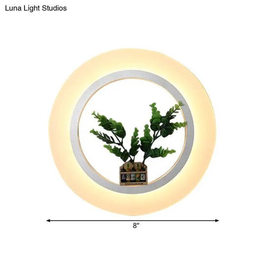 White Acrylic Ring Wall Lamp With Plant Deco Contemporary Lighting For Study Room