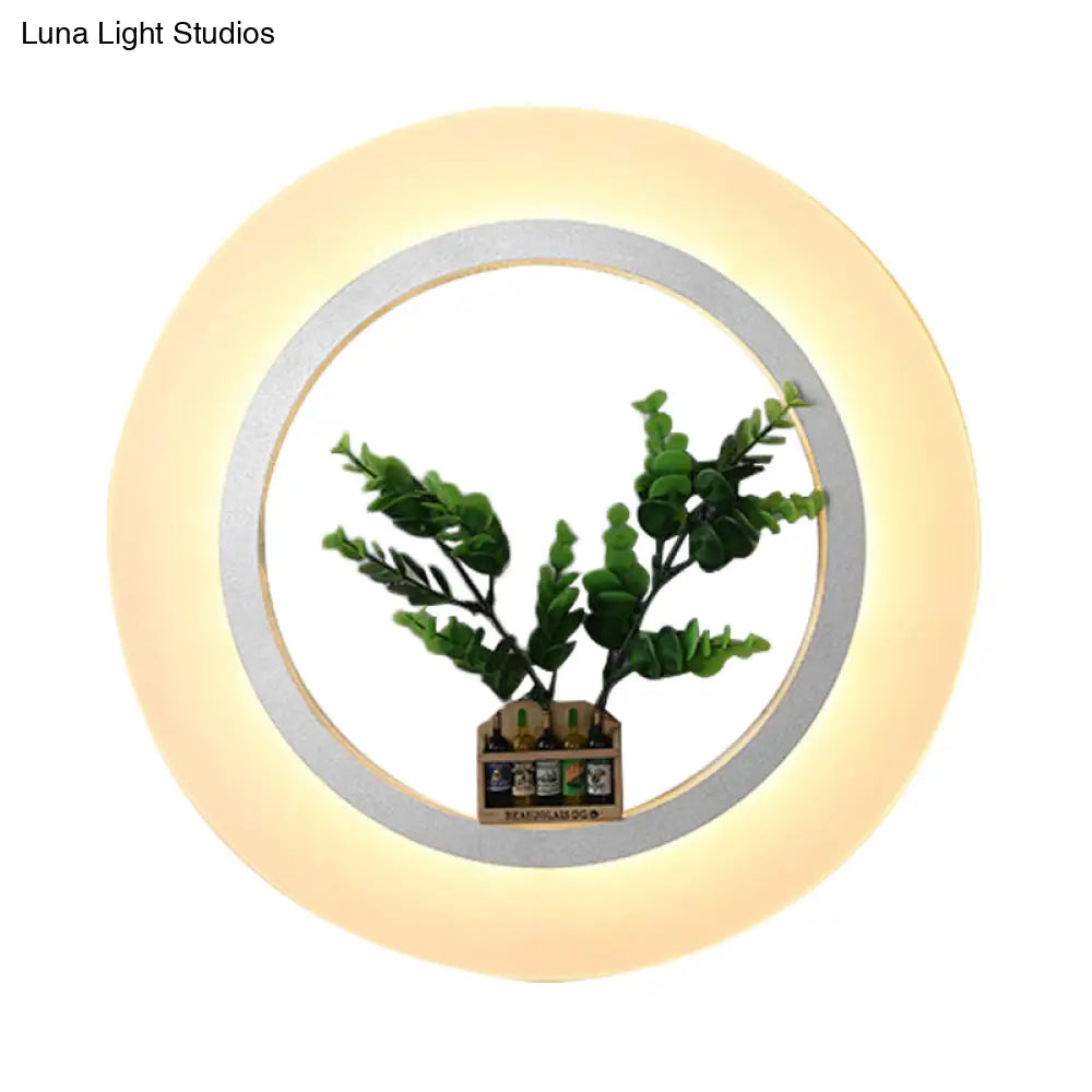 White Acrylic Ring Wall Lamp With Plant Deco Contemporary Lighting For Study Room