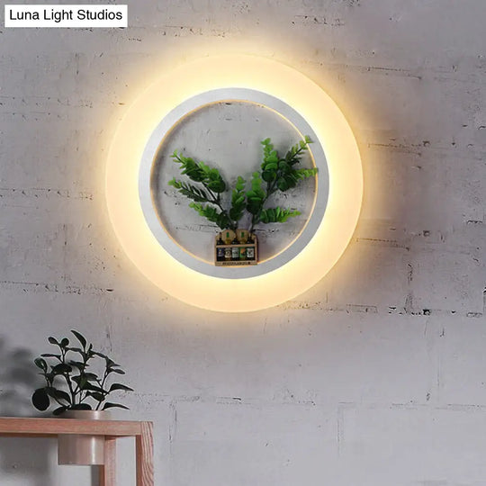 White Acrylic Ring Wall Lamp With Plant Deco Contemporary Lighting For Study Room