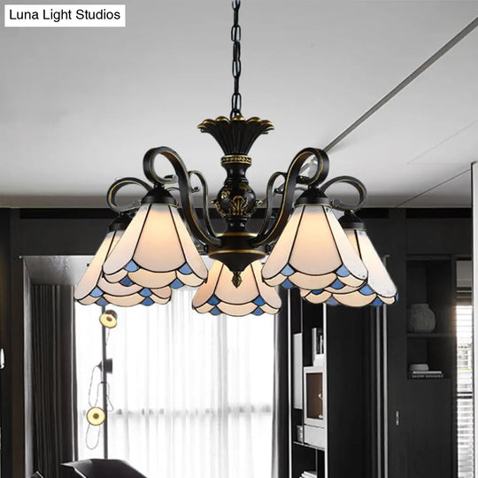 Mediterranean Conical Chandelier Lamp With White/Blue Glass - 5/6/8 Lights Ceiling Light For Living