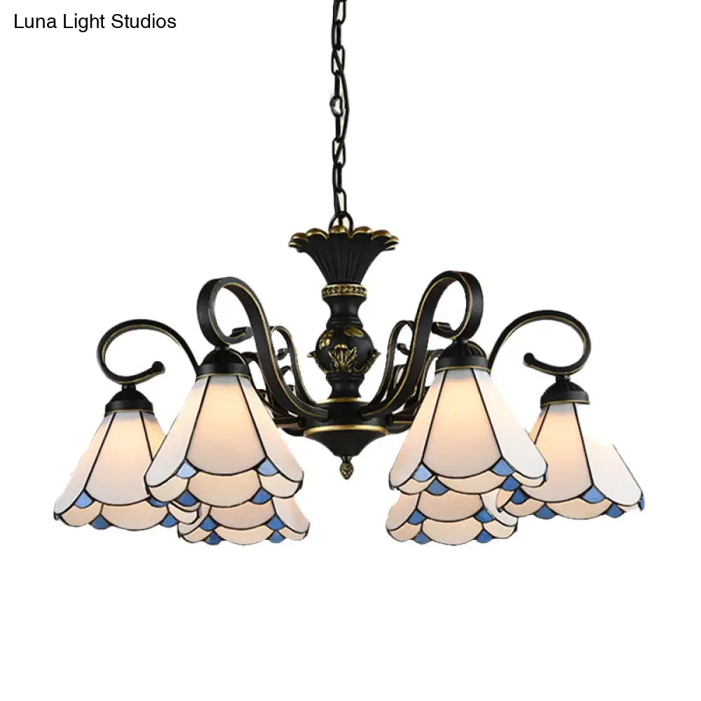 Mediterranean Conical Chandelier Lamp With White/Blue Glass - 5/6/8 Lights Ceiling Light For Living