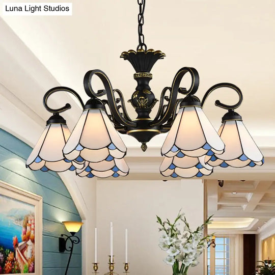 Mediterranean Conical Chandelier Lamp With White/Blue Glass - 5/6/8 Lights Ceiling Light For Living