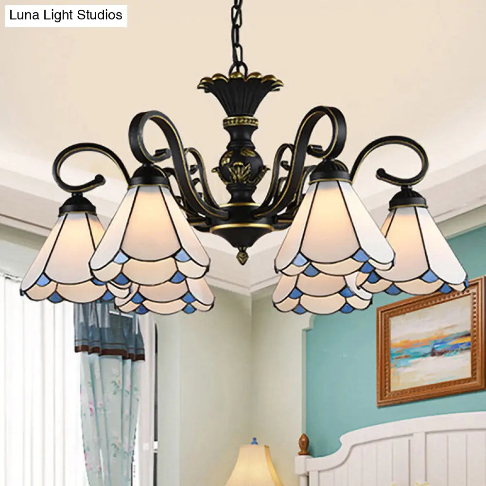 Mediterranean Conical Chandelier Lamp With White/Blue Glass - 5/6/8 Lights Ceiling Light For Living