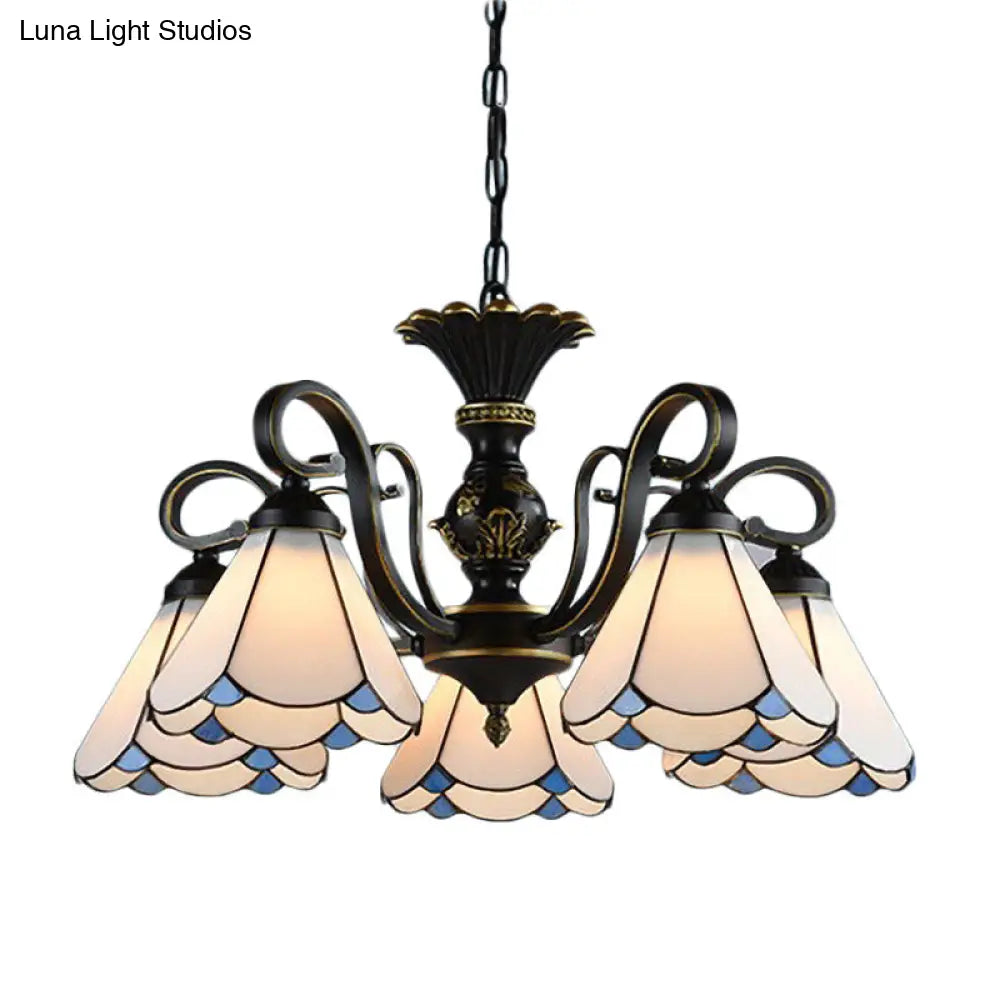 Mediterranean Conical Chandelier Lamp With White/Blue Glass - 5/6/8 Lights Ceiling Light For Living