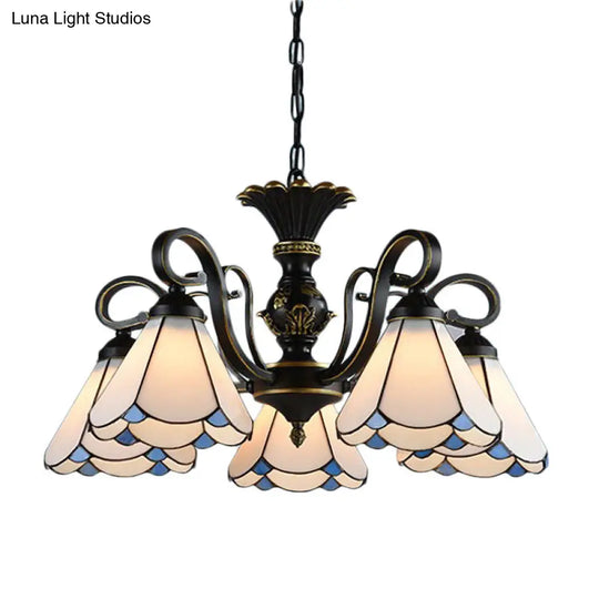 Mediterranean Conical Chandelier Lamp With White/Blue Glass - 5/6/8 Lights Ceiling Light For Living