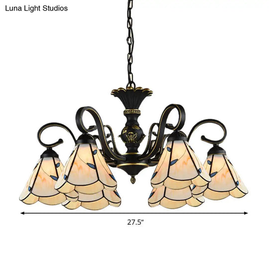 Mediterranean Conical Chandelier Lamp With White/Blue Glass - 5/6/8 Lights Ceiling Light For Living