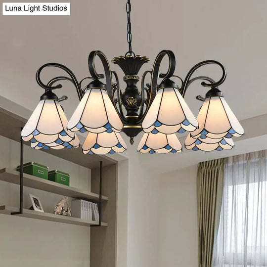 Mediterranean Conical Chandelier Lamp With White/Blue Glass - 5/6/8 Lights Ceiling Light For Living