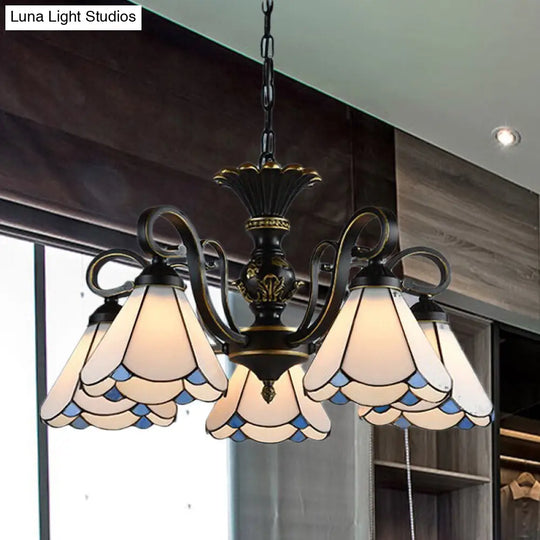 Mediterranean Conical Chandelier Lamp With White/Blue Glass - 5/6/8 Lights Ceiling Light For Living