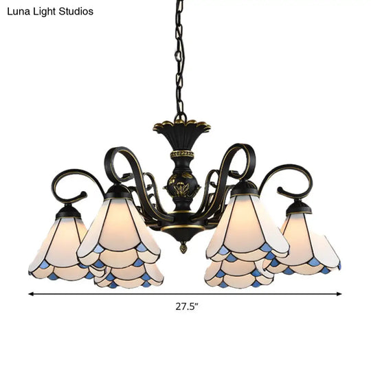 Mediterranean Conical Chandelier Lamp With White/Blue Glass - 5/6/8 Lights Ceiling Light For Living