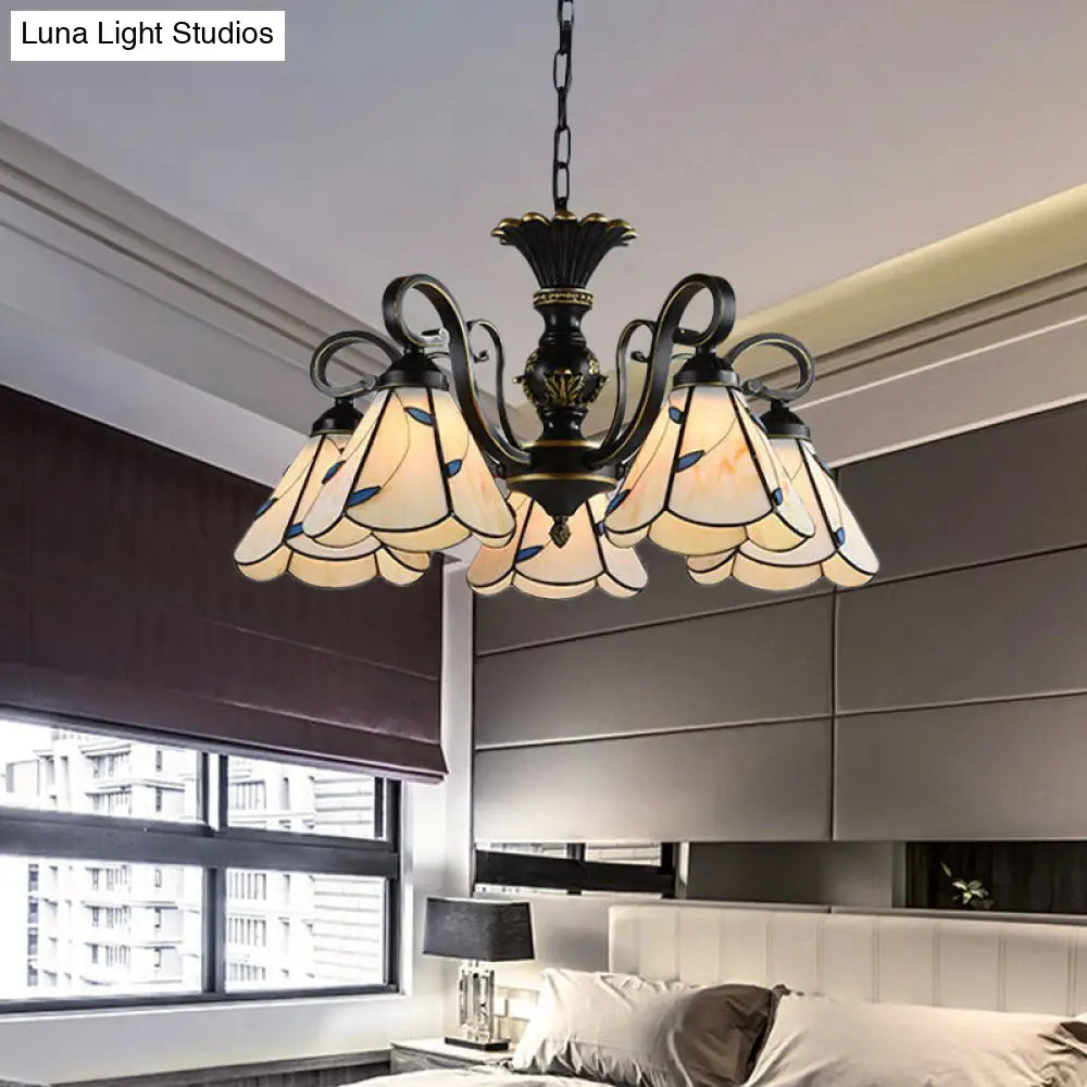 Mediterranean Conical Chandelier Lamp With White/Blue Glass - 5/6/8 Lights Ceiling Light For Living