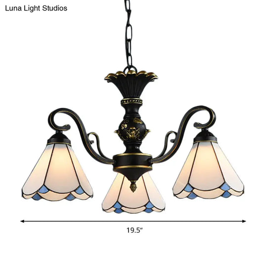 Mediterranean Conical Chandelier Lamp With White/Blue Glass - 5/6/8 Lights Ceiling Light For Living