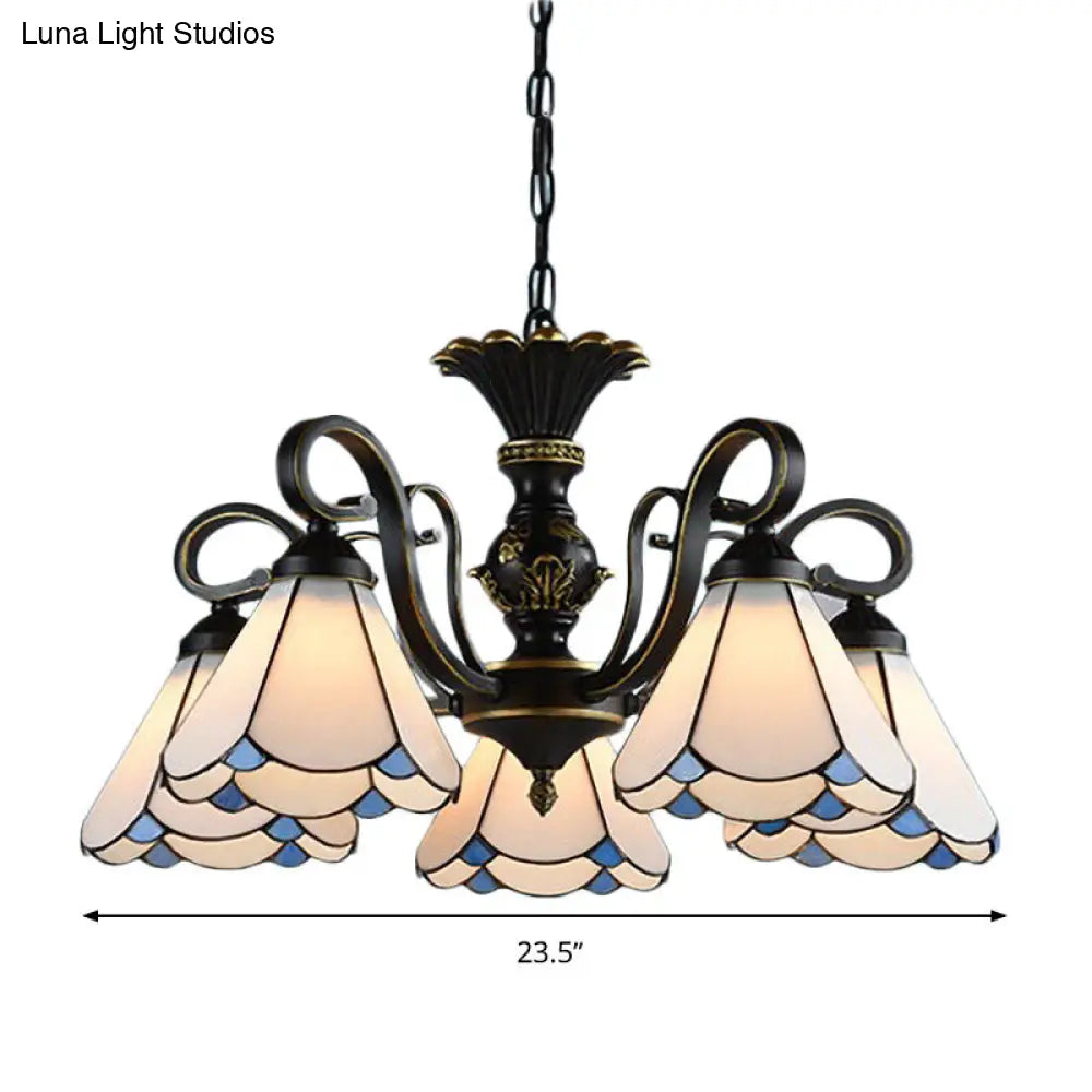 Mediterranean Conical Chandelier Lamp With White/Blue Glass - 5/6/8 Lights Ceiling Light For Living