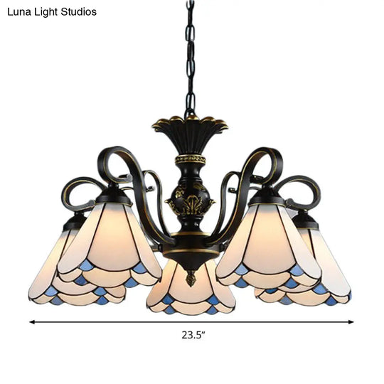 Mediterranean Conical Chandelier Lamp With White/Blue Glass - 5/6/8 Lights Ceiling Light For Living