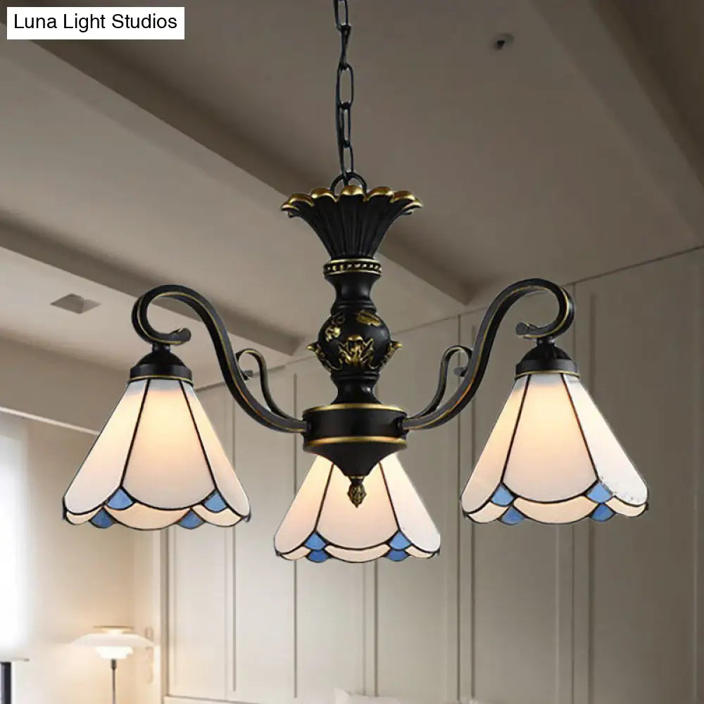 Mediterranean Conical Chandelier Lamp With White/Blue Glass - 5/6/8 Lights Ceiling Light For Living