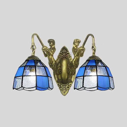 White And Blue Glass Sconce Light With 2 Heads For Wall Mounting In Corridor - Tiffany Dome Design