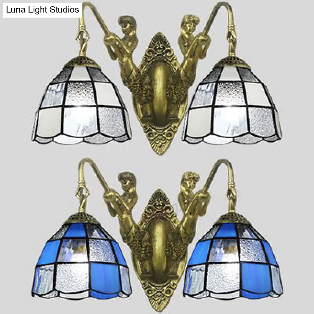 White And Blue Glass Sconce Light With 2 Heads For Wall Mounting In Corridor - Tiffany Dome Design