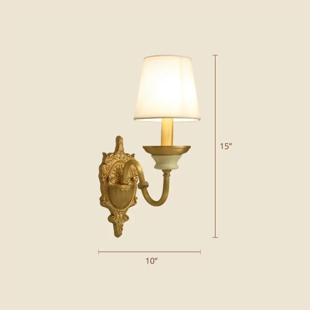 White And Brass Fabric Wall Mounted Light - Minimalist Tapered Sconce 1 /