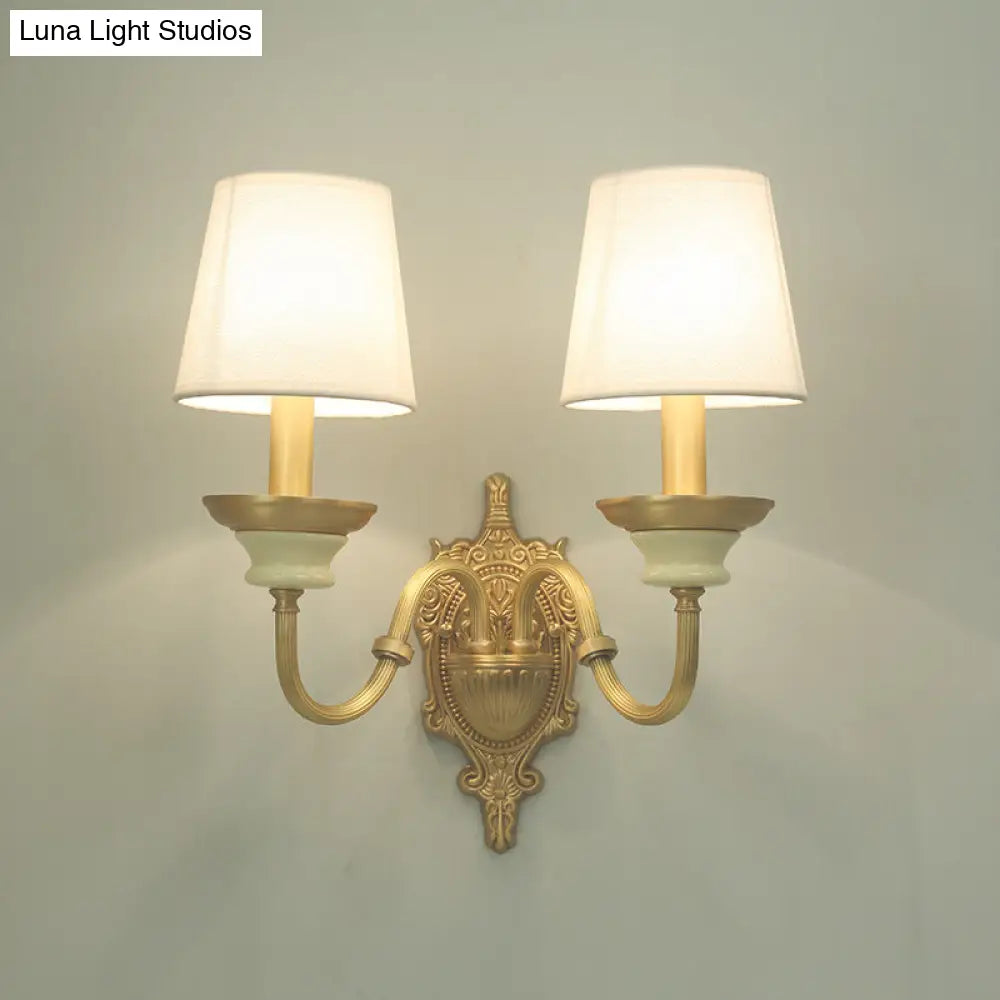 White And Brass Fabric Wall Mounted Light - Minimalist Tapered Sconce