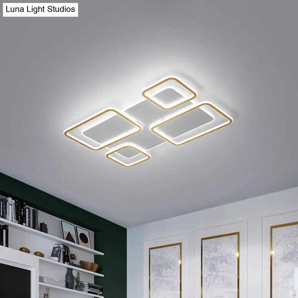 White And Gold Led Ceiling Light With Rectangle Iron Frame For Minimalist Living Rooms - Warm/White