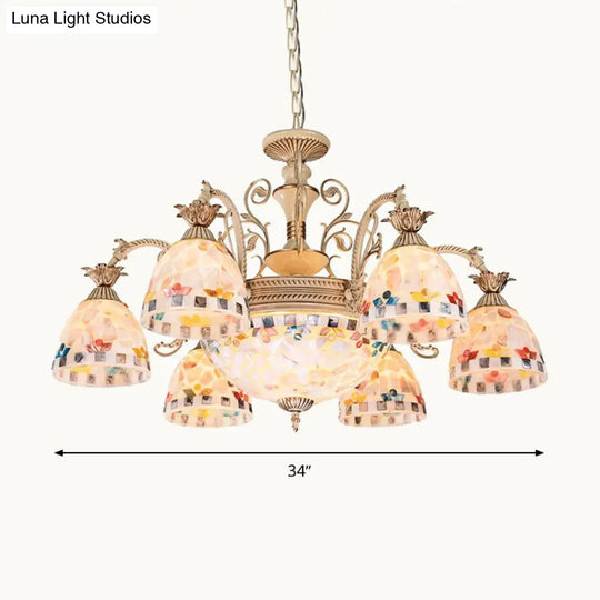 White And Gold Stained Glass Mosaic Chandelier - Tiffany Inspired Hanging Lamp Kit (9/11 Lights)