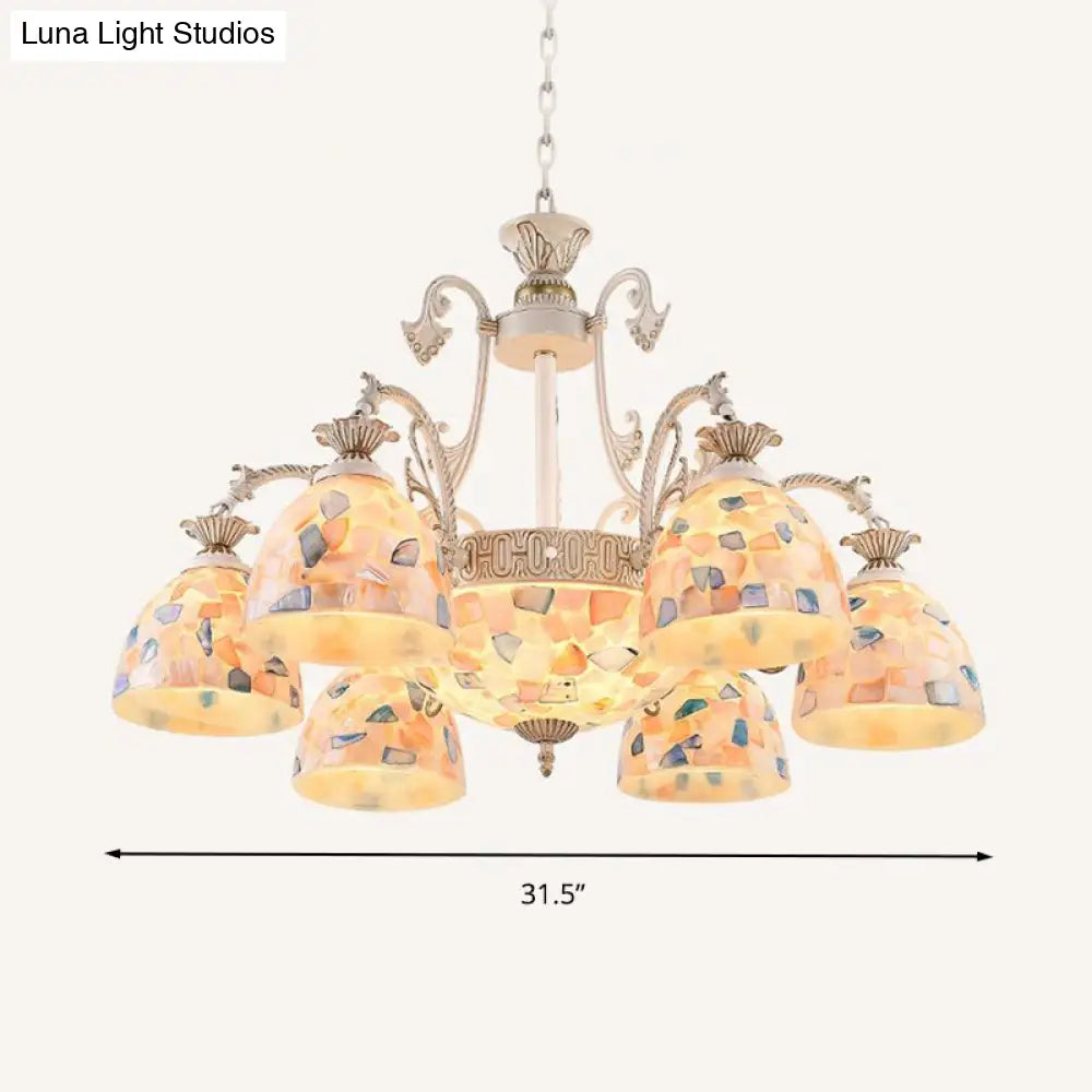 White And Gold Stained Glass Tiffany Pendant Chandelier - Dome Design With 3/5/9 Lights Ceiling