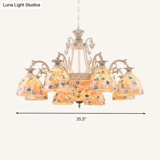 White And Gold Stained Glass Dome Chandelier - Tiffany Pendant Light With 3/5/9 Lights