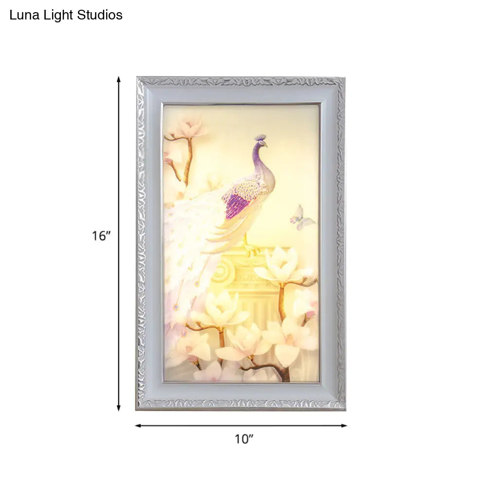 White And Pink Led Acrylic Wall Lamp With Oriental Peacock Magnolia Design