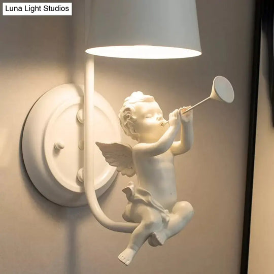 White Angel Wall Light With Bucket Shade - Metal Lamp For Living Room