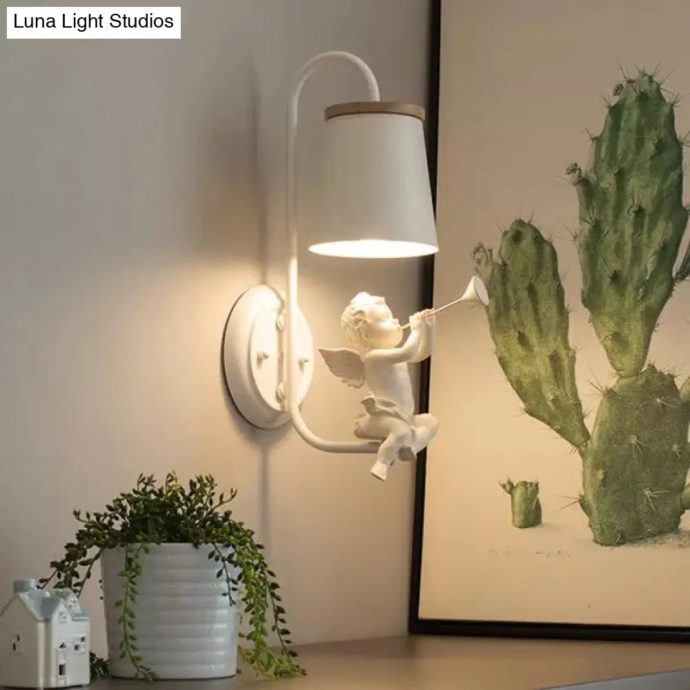 White Angel Wall Light With Bucket Shade - Metal Lamp For Living Room